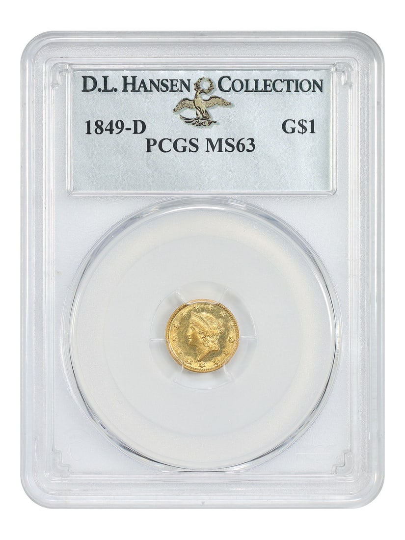 PCGS MS63 1849-D Dahlonega Gold Dollar ex D.L. Hansen: PCGS MS63 1849-D Dahlonega Gold Dollar ex D.L. Hansen 1849-D Gold Dollar graded MS63 by PCGS and pedigreed ex: D.L. Hansen. This uncirculated example is described as the premier gold dollar from the D