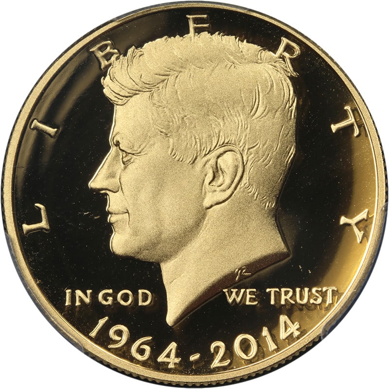PCGS PR70 DCAM 2014 W Kennedy Gold 50c High Relief First Strike: PCGS PR70 DCAM 2014 W Kennedy Gold 50c High Relief First Strike 2014-W Kennedy 50th Anniversary Gold 50c High Relief coin graded PCGS PR70 DCAM with 1st Strike designation. It is an uncirculated Unite