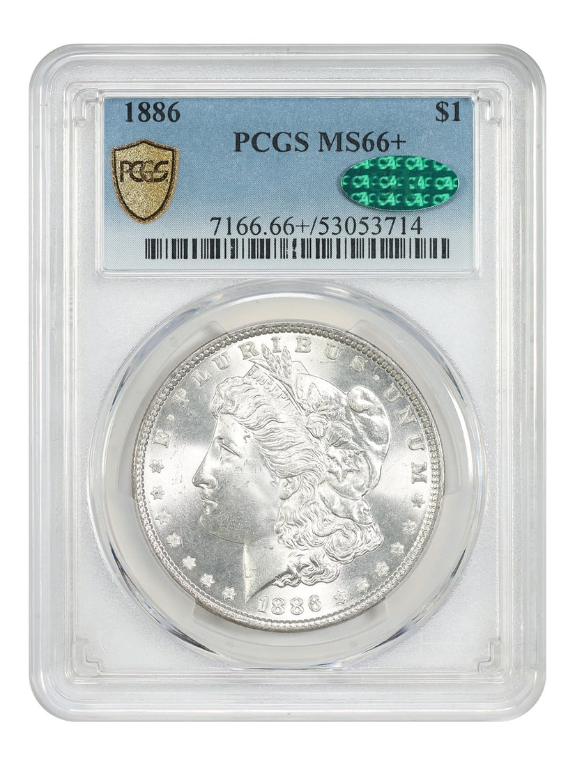 1886 Philadelphia Morgan Dollar $1 PCGS MS66+ CAC: 1886 Philadelphia Morgan Dollar $1 PCGS MS66+ CAC An 1886 Morgan Dollar $1 from the Philadelphia Mint, certified by PCGS with a MS66+ grade and CAC approval. This uncirculated coin is a pre-owned exam