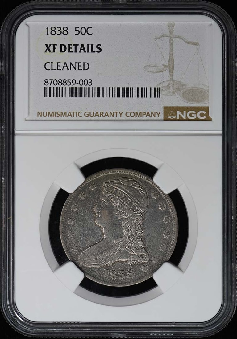 1838 United States Capped Bust Half Dollar Reeded Edge NGC XF Details: 1838 United States Capped Bust Half Dollar Reeded Edge NGC XF Details 1838 Capped Bust Reeded Edge 50C certified by NGC with an XF Details grade. This United States half dollar is a pre-owned coin fro