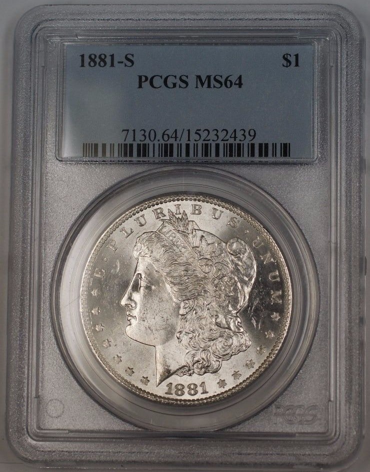 PCGS MS64 1881-S Morgan Dollar Silver Coin San Francisco Mint: PCGS MS64 1881-S Morgan Dollar Silver Coin San Francisco Mint This is an 1881-S Morgan Silver Dollar $1 coin, certified by PCGS with a grade of MS 64. Struck at the San Francisco Mint, this uncirculat