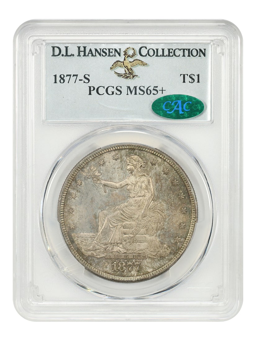 PCGS MS65+ 1877-S Trade Dollar ex D.L. Hansen: PCGS MS65+ 1877-S Trade Dollar ex D.L. Hansen 1877-S Trade Dollar certified by PCGS and approved by CAC, graded MS65+ and noted ex: D.L. Hansen. This uncirculated example comes from the highest mintag