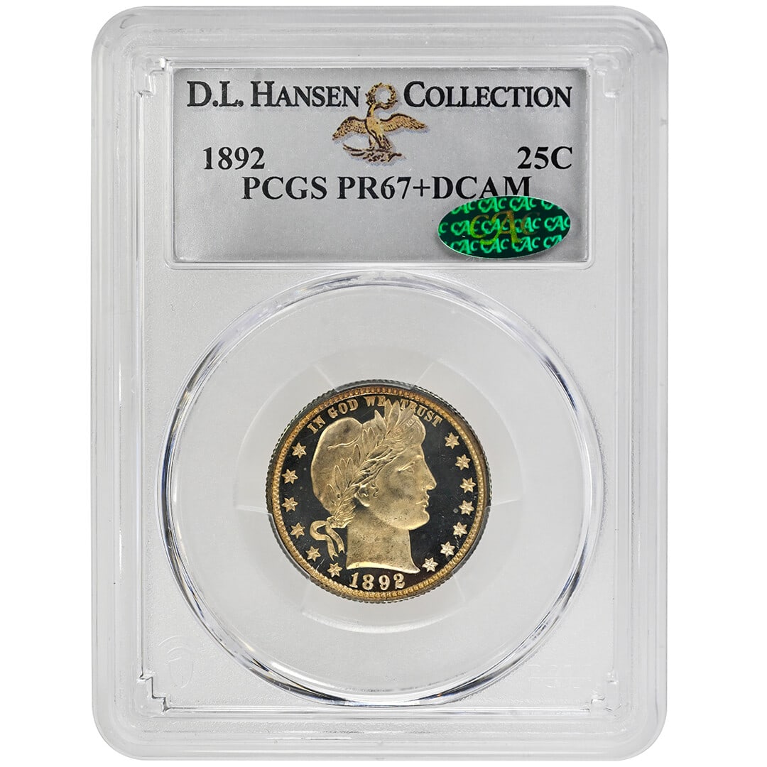 PCGS PR67+ DCAM 1892 Barber Quarter 25C Silver Proof: PCGS PR67+ DCAM 1892 Barber Quarter 25C Silver Proof 1892 Barber Quarter proof coin with a deep cameo designation and PCGS grade of PR67+. This silver 25C piece is listed as uncirculated and comes cer
