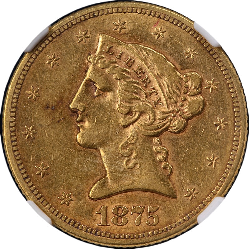 NGC AU55 1875-S Liberty Half Eagle Gold Coin Key Date: NGC AU55 1875-S Liberty Half Eagle Gold Coin Key Date This 1875-S Liberty Gold $5 coin is graded AU55 by NGC and originates from the San Francisco Mint. The coin features attractive luster, good color