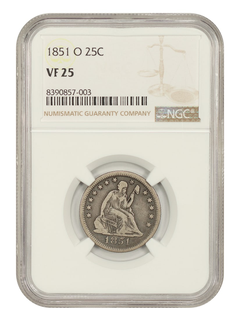NGC VF25 1851 O Liberty Seated Quarter 25C: NGC VF25 1851 O Liberty Seated Quarter 25C 1851-O Liberty Seated Quarter certified by NGC in VF25. This circulated example is a better mid-grade survivor, with only 88,000 minted. It is described as p