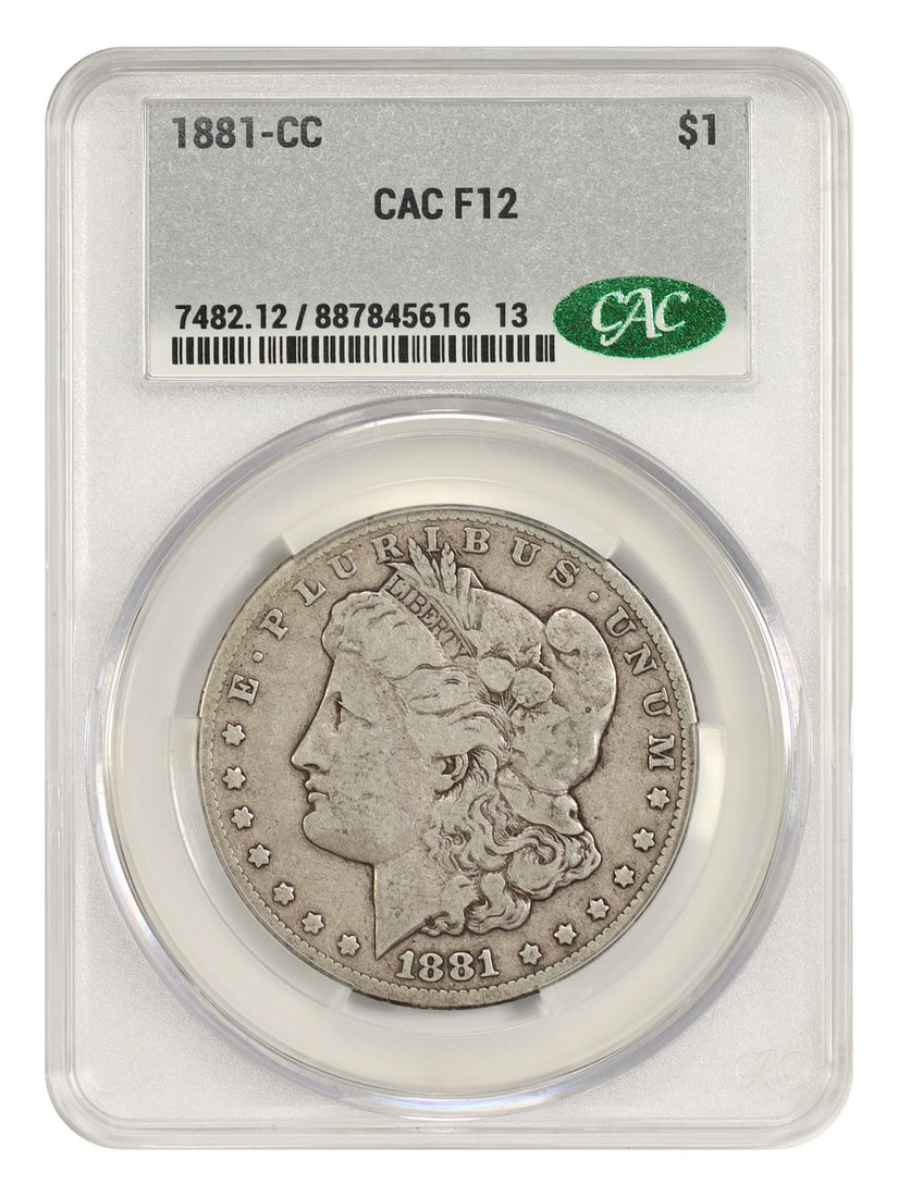 CACG Fine 12 1881 Carson City Morgan Silver Dollar $1: CACG Fine 12 1881 Carson City Morgan Silver Dollar $1 1881-CC Morgan Dollar certified by CACG in Fine 12 condition. This circulated Carson City issue is a popular better CC-mint dollar. Only 296,000 p