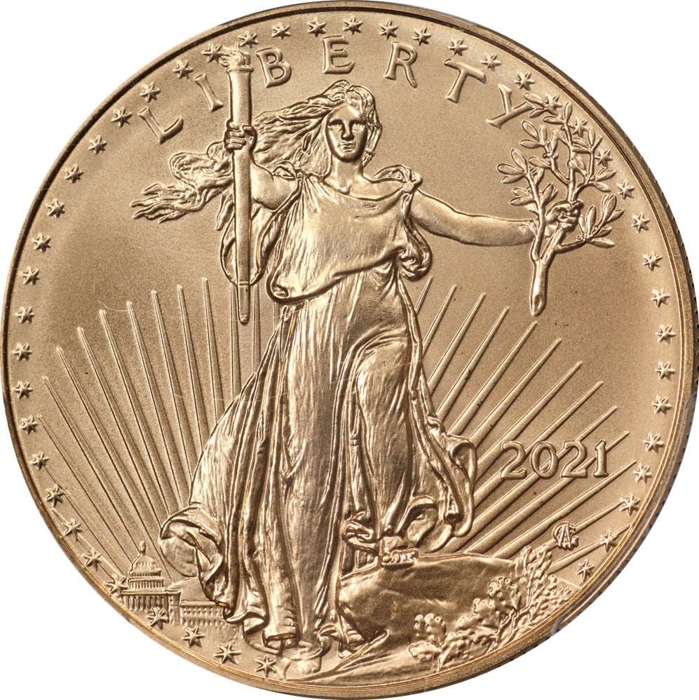 PCGS MS70 First Strike 2021 $50 Gold Eagle Type 2 One Ounce Coin: PCGS MS70 First Strike 2021 $50 Gold Eagle Type 2 One Ounce Coin This 2021 Gold American Eagle $50 Type 2 coin is certified by PCGS as MS70 First Strike and is uncirculated. The coin is composed of go