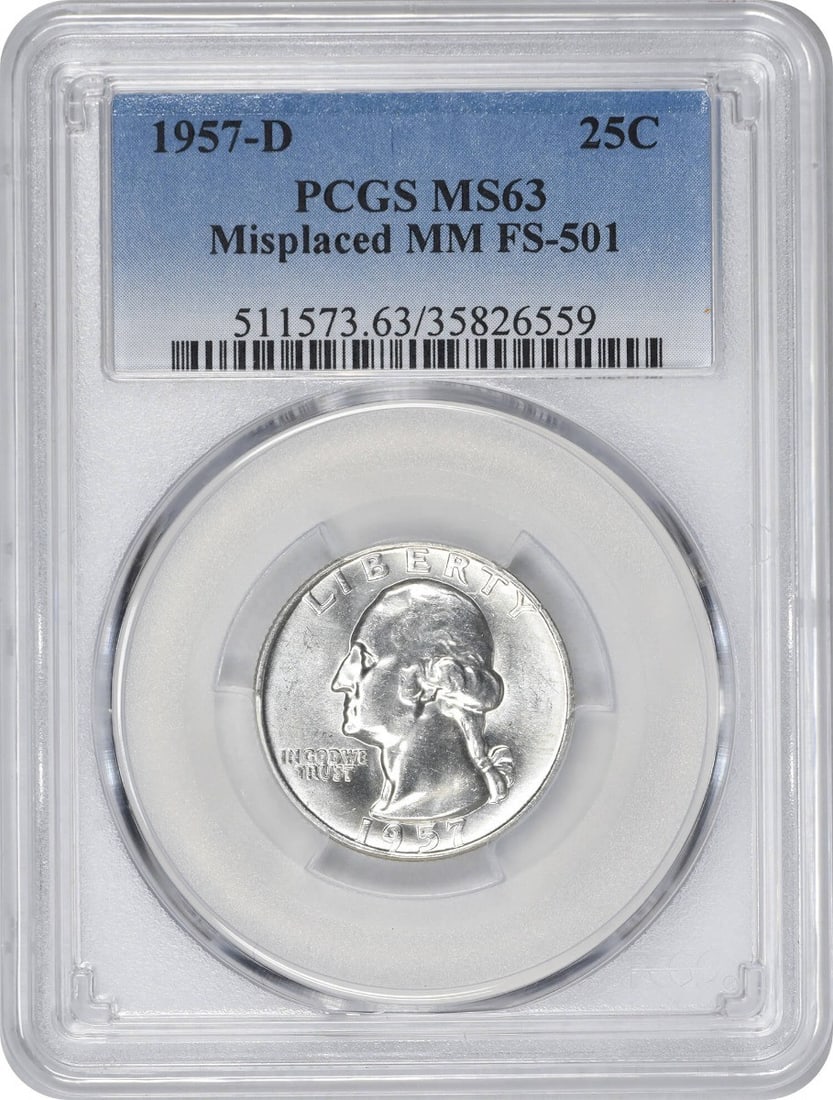 1957-D Washington Silver Quarter Misplaced Mint Mark MS63 PCGS: 1957-D Washington Silver Quarter Misplaced Mint Mark MS63 PCGS This 1957-D Washington Silver Quarter is a remarkable piece certified by PCGS with a grade of MS63. Featuring a misplaced mint mark, this
