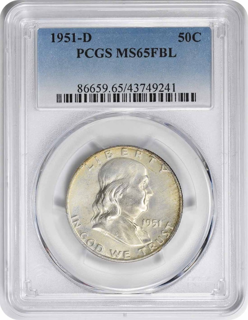 PCGS MS65FBL Franklin 1951-D Silver Half Dollar: PCGS MS65FBL Franklin 1951-D Silver Half Dollar This 1951-D Franklin Silver Half Dollar is graded MS65FBL by PCGS, indicating a high-quality, uncirculated coin with full bell lines. Struck at the Denv