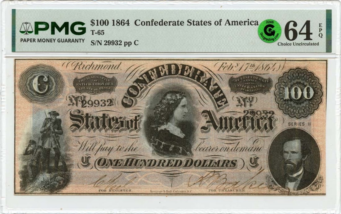 PMG CU64 EPQ 1864 Confederate States of America $100 T-65 Note: PMG CU64 EPQ 1864 Confederate States of America $100 T-65 Note 1864 Confederate States of America T-65 $100 note graded PMG Choice Uncirculated 64 EPQ. This pre-owned note is listed as uncirculated an