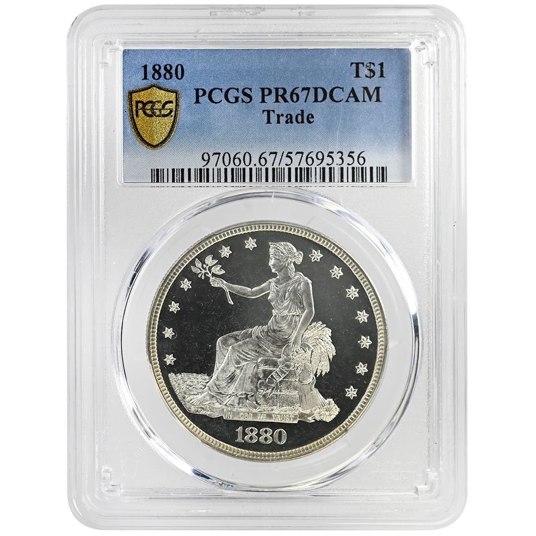 PCGS PR67DCAM 1880 Trade Dollar Proof Silver Coin: PCGS PR67DCAM 1880 Trade Dollar Proof Silver Coin 1880 Trade Dollar certified by PCGS with a PR67DCAM proof grade. This pre-owned United States silver coin was struck in Philadelphia. Specifications Y