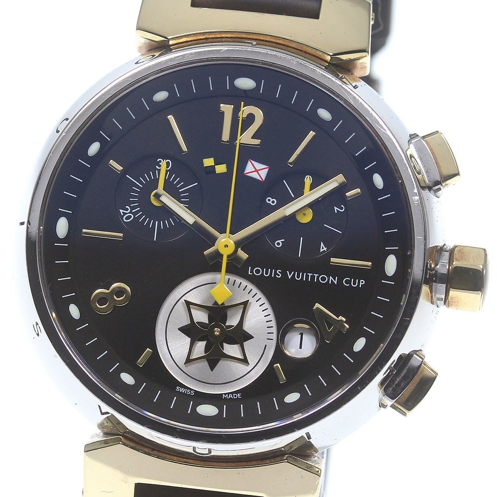 Louis Vuitton Q1325 Tambour Chrono LV Cup quartz wristwatch date: Louis Vuitton Q1325 Tambour Chrono LV Cup quartz wristwatch date Pre-owned Louis Vuitton Tambour Chrono LV Cup wristwatch with a quartz movement and black dial. This unisex model features date, chrono