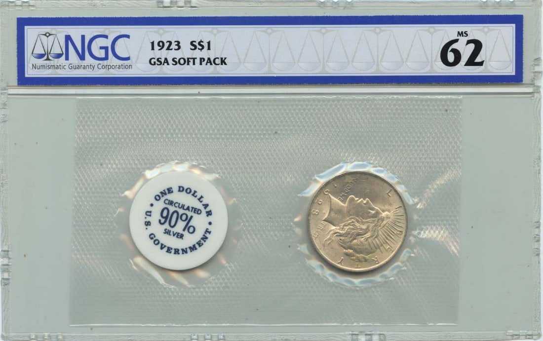 NGC MS62 1923 United States Peace Dollar GSA Soft Pack: NGC MS62 1923 United States Peace Dollar GSA Soft Pack 1923 Peace Dollar certified by NGC and graded MS62. This pre-owned coin is listed as uncirculated and comes in a GSA soft pack. Specifications It