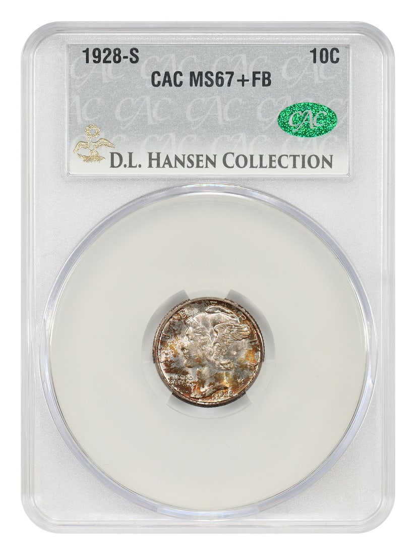 Mercury Dime 1928 S 10C CACG MS67+FB ex D.L. Hansen: Mercury Dime 1928 S 10C CACG MS67+FB ex D.L. Hansen 1928-S Mercury Dime certified by CACG as MS67+FB. This uncirculated example is described as a premium gem with vibrant mint luster, mottled russet a