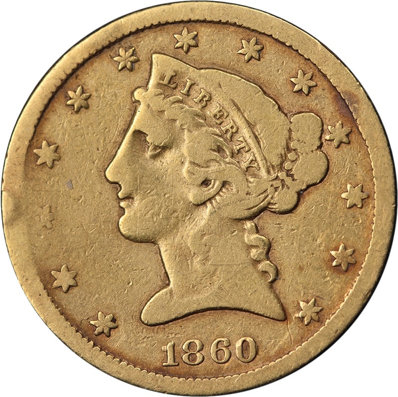 Key Date 1860-S Liberty Head $5 Gold Coin F Details: Key Date 1860-S Liberty Head $5 Gold Coin F Details 1860-S Liberty Gold $5 coin with decent eye appeal and a nice strike. It is described as a key date piece with a minor issue at 9 o'clock on the obv