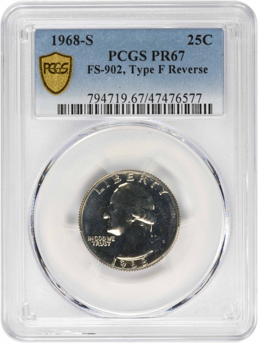 PCGS PR67 1968-S Silver Washington Quarter Proof: PCGS PR67 1968-S Silver Washington Quarter Proof This is a 1968-S Washington Silver Quarter, featuring the FS-902 Type F Reverse and graded PR67 by PCGS. Struck as a proof coin at the San Francisco Mi
