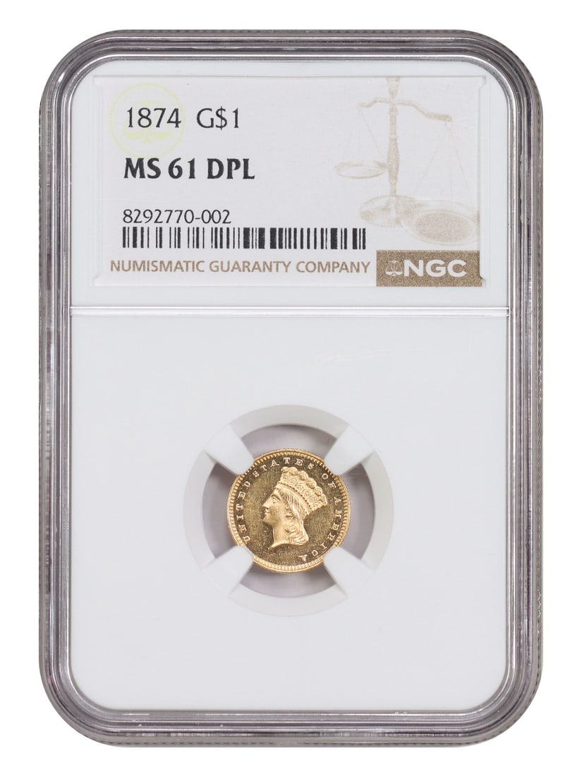 NGC MS61PL 1874 Philadelphia G$1 Gold Dollar Coin: NGC MS61PL 1874 Philadelphia G$1 Gold Dollar Coin 1874 Gold Dollar certified by NGC as MS61PL. An extraordinary condition rarity, this issue is described as virtually unknown with DMPL surfaces, makin