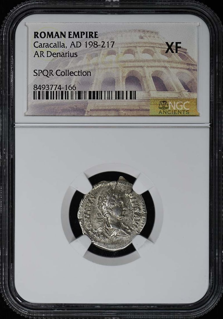 NGC XF Roman Empire AR Denarius of Caracalla AD 198-217: NGC XF Roman Empire AR Denarius of Caracalla AD 198-217 This Roman Empire AR Denarius dates from the reign of Caracalla, AD 198-217. The coin has been graded XF (Extremely Fine) by NGC, ensuring its a