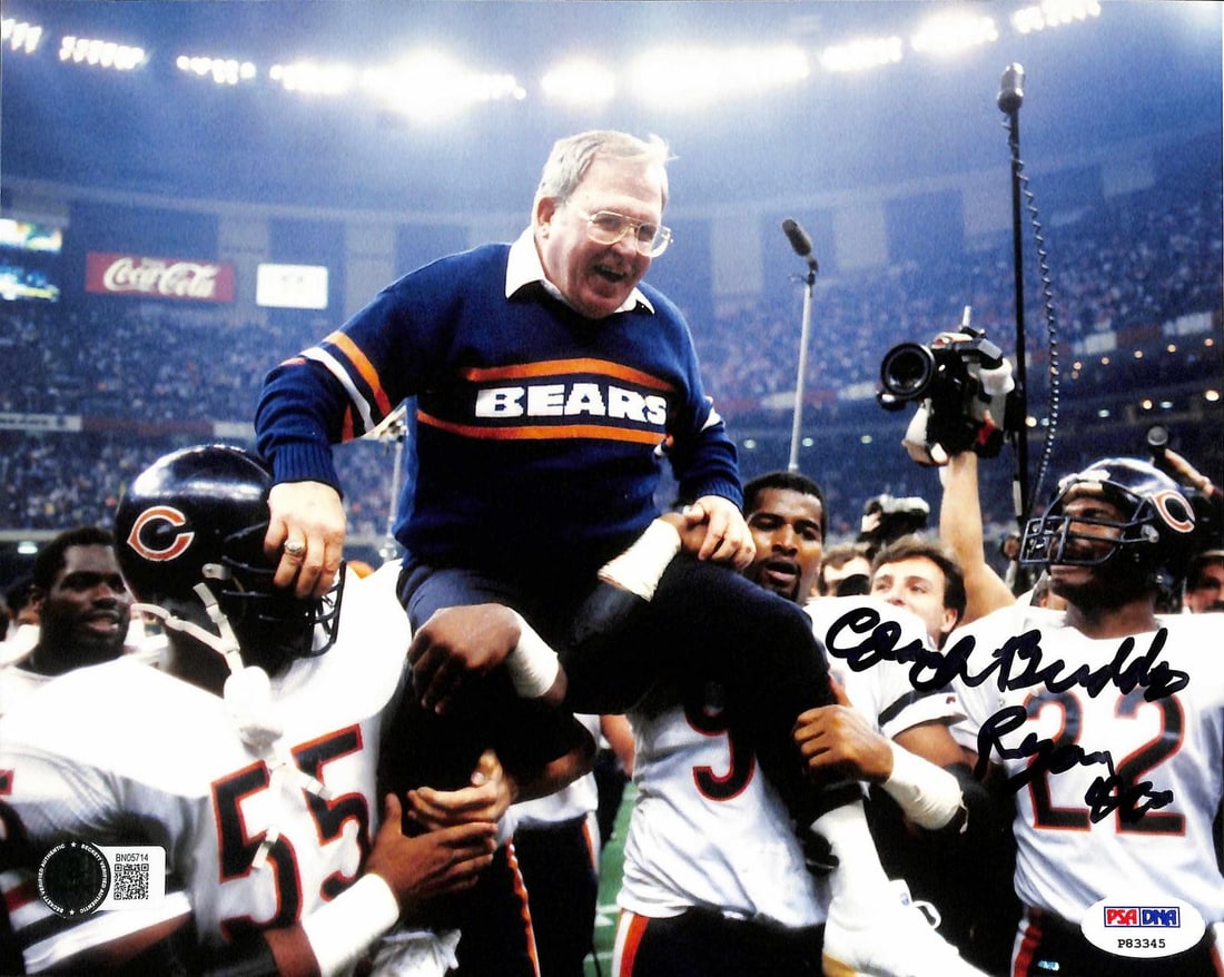 Buddy Ryan autographed 8x10 Chicago Bears Super Bowl XX photo Beckett: Buddy Ryan autographed 8x10 Chicago Bears Super Bowl XX photo Beckett This is a vibrant 8x10 color photograph signed by legendary football coach Buddy Ryan. The image captures Ryan being lifted by his