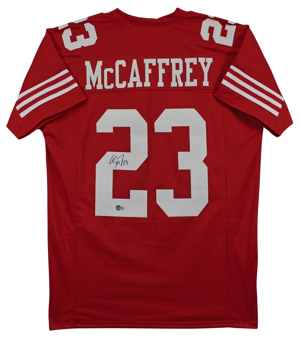 Red Pro Style Jersey Signed by Christian McCaffrey BAS Authenticated: Red Pro Style Jersey Signed by Christian McCaffrey BAS Authenticated Celebrate your love for football with this authentic, autographed red pro style jersey personally signed by Christian McCaffrey of 