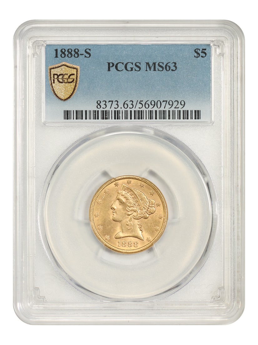 Liberty Head Half Eagle 1888-S PCGS MS63 $5 Gold Coin: Liberty Head Half Eagle 1888-S PCGS MS63 $5 Gold Coin 1888-S Liberty Head $5 gold coin, certified by PCGS as MS63. This uncirculated example is an underrated 1880s issue, with only 2 examples graded f