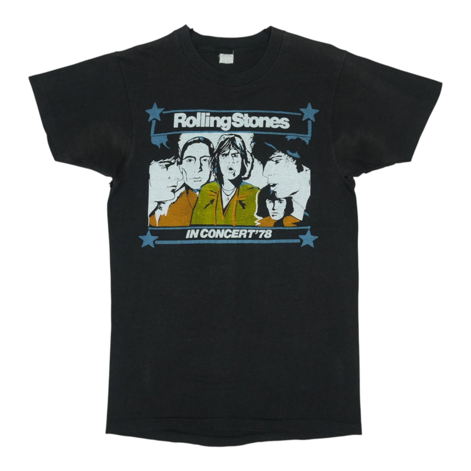 Vintage 1978 Rolling Stones Concert Black Cotton Tour T-Shirt Large: Vintage 1978 Rolling Stones Concert Black Cotton Tour T-Shirt Large This is an original vintage 1978 Rolling Stones World Tour shirt featuring front and back graphics. Made from 100% cotton in black, 