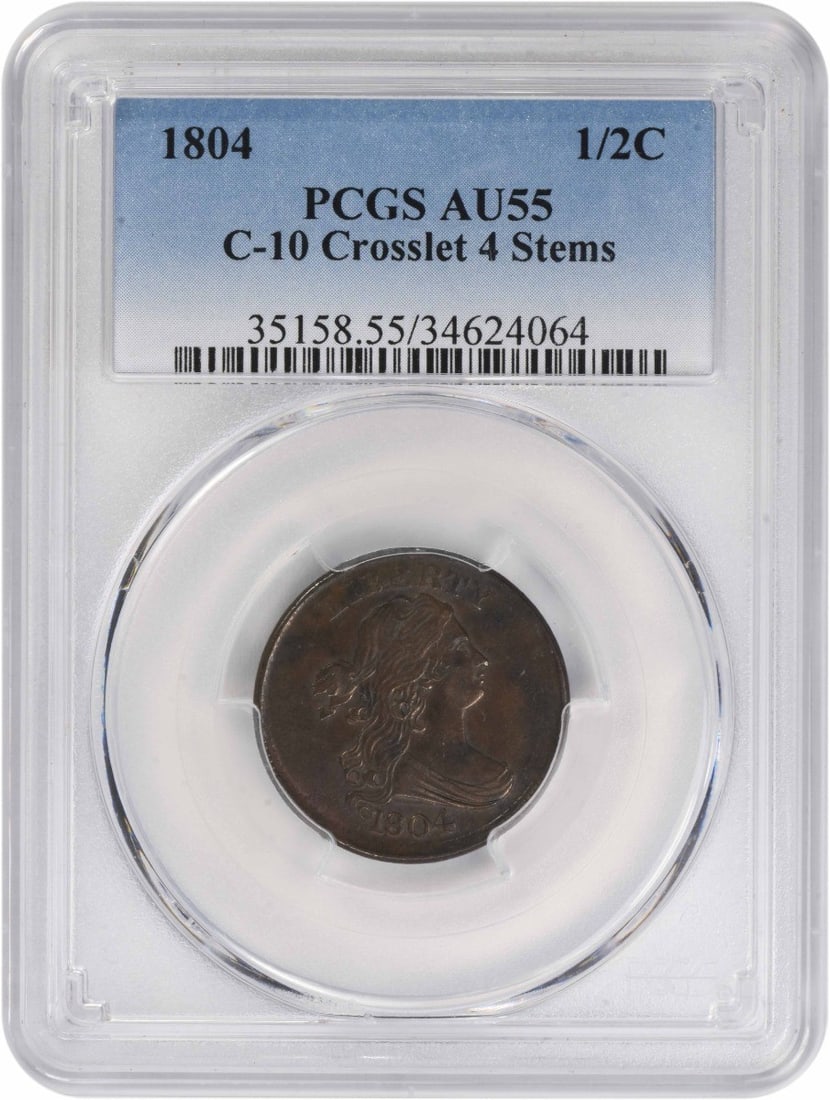 1804 Half Cent C-10 Draped Bust AU55 PCGS Certified Copper: 1804 Half Cent C-10 Draped Bust AU55 PCGS Certified Copper This 1804 Half Cent, designated C-10 Crosslet 4 Stems, is a remarkable piece of numismatic history. Graded AU55 by PCGS, this copper coin fea