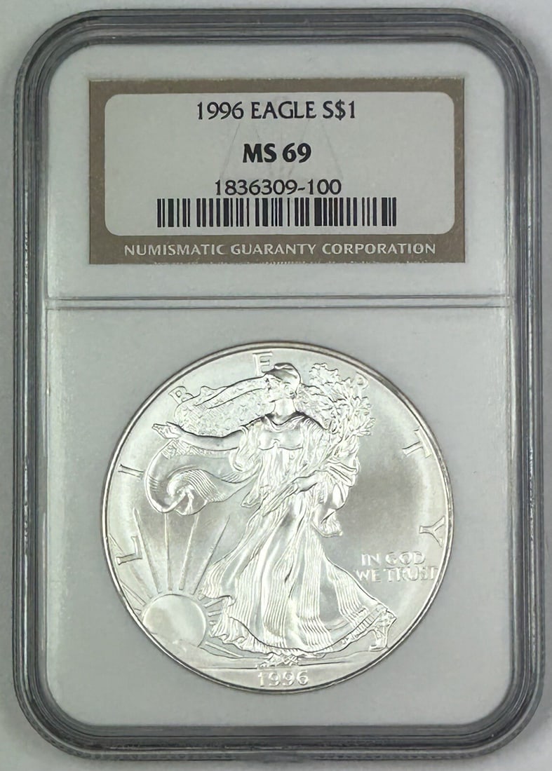 NGC MS 69 1996 Silver Eagle Dollar Uncirculated Commemorative Coin: NGC MS 69 1996 Silver Eagle Dollar Uncirculated Commemorative Coin This is a 1996 American Silver Eagle $1 coin certified by NGC with a grade of MS 69. It is a commemorative, uncirculated coin from th