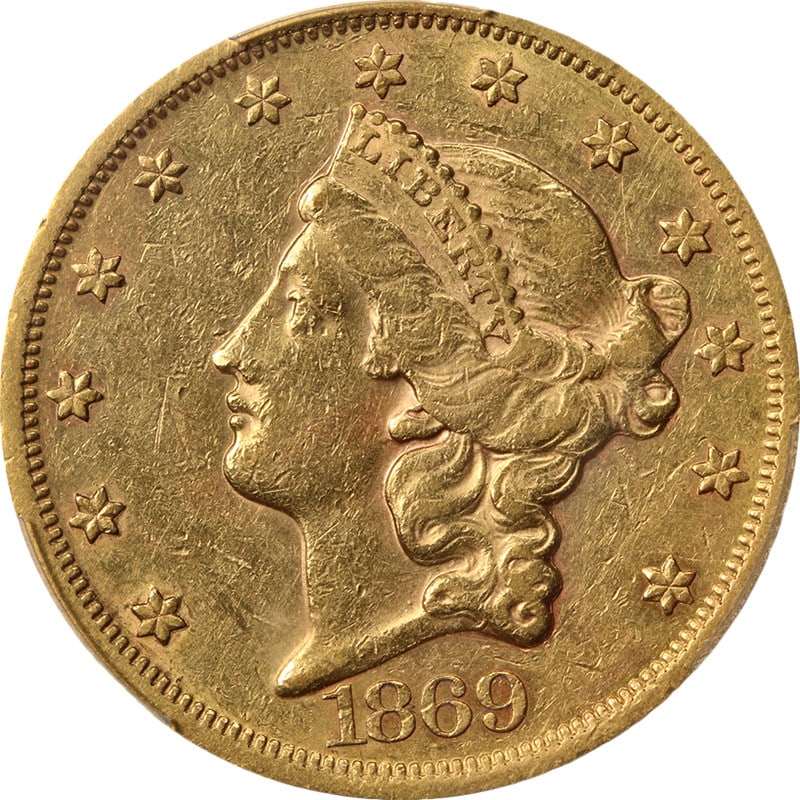 PCGS AU Details 1869-P Type 2 Liberty $20 Gold Coin United States: PCGS AU Details 1869-P Type 2 Liberty $20 Gold Coin United States This 1869-P Type 2 Liberty Gold $20 coin features strong eye appeal, attractive luster, and a crisp strike. The coin has nice color an
