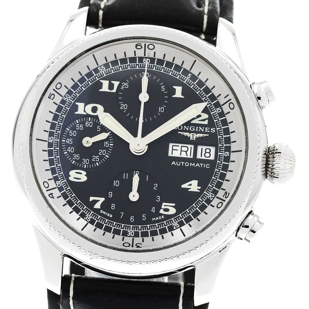Longines Weems L2.625.4 mens chronograph day date wristwatch: Longines Weems L2.625.4 mens chronograph day date wristwatch Longines Weems Chronograph Day-Date men's wristwatch, reference L2.625.4, in pre-owned condition. It features a black dial, stainless steel