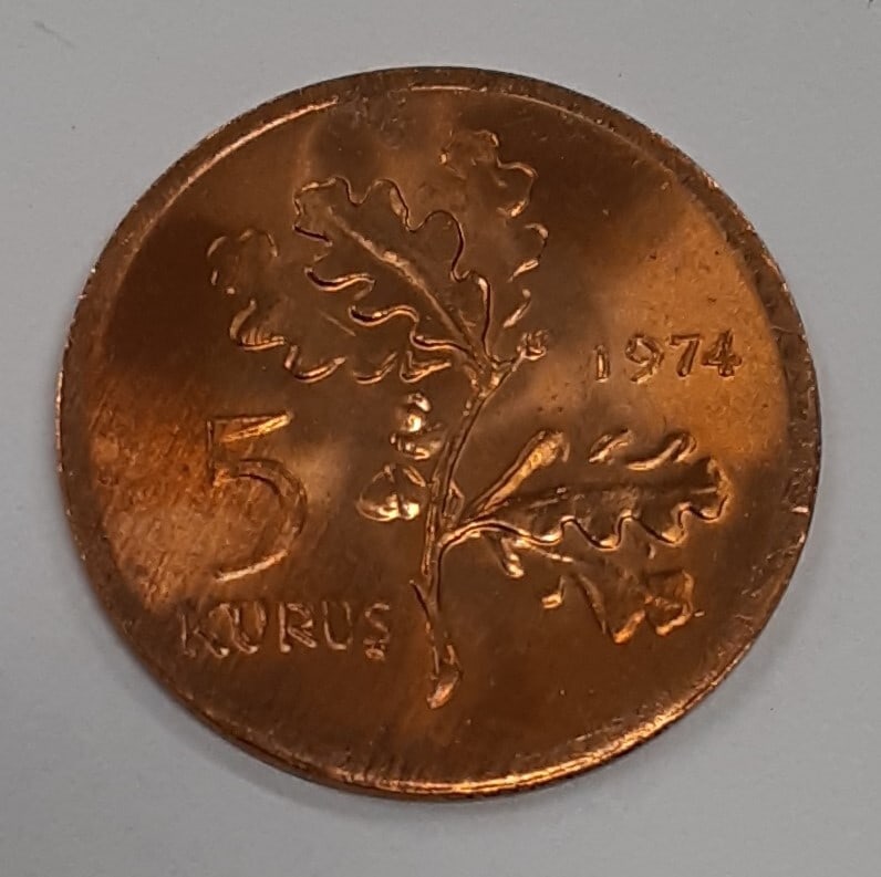Roll of 50 Uncirculated 1974 Bronze 5 Kurus Turkey Coins KM 890.3 (1 of 4)