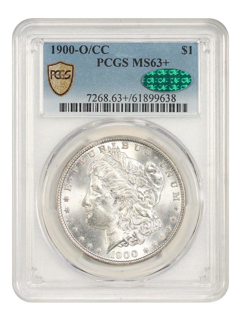 PCGS CAC MS63+ 1900-O over CC Morgan Silver Dollar $1: PCGS CAC MS63+ 1900-O over CC Morgan Silver Dollar $1 Pre-owned 1900-O/CC Morgan Dollar certified by PCGS and graded MS63+ with CAC approval. This uncirculated scarce variety is noted for the CC visib