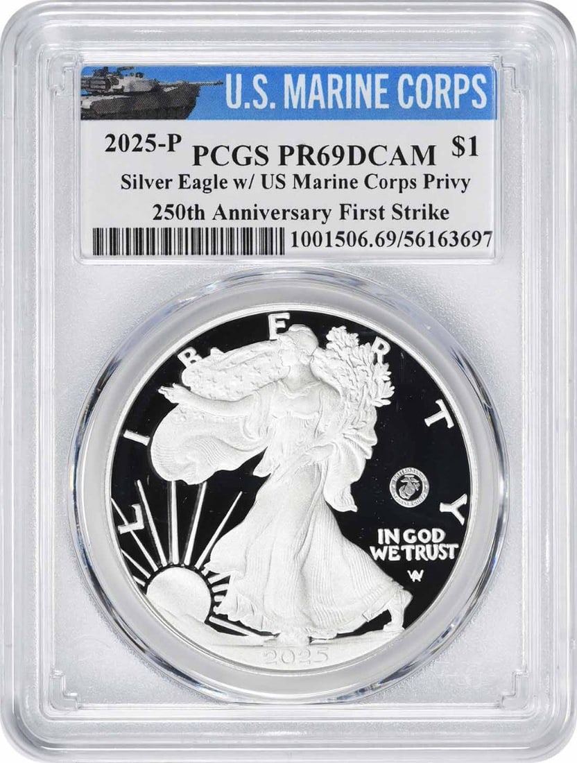 2025 P American Silver Eagle Marine Corps Privy PCGS PR69DCAM: 2025 P American Silver Eagle Marine Corps Privy PCGS PR69DCAM This 2025-P American Silver Eagle features a special US Marine Corps privy mark and is graded PR69DCAM First Strike by PCGS with a Marine 