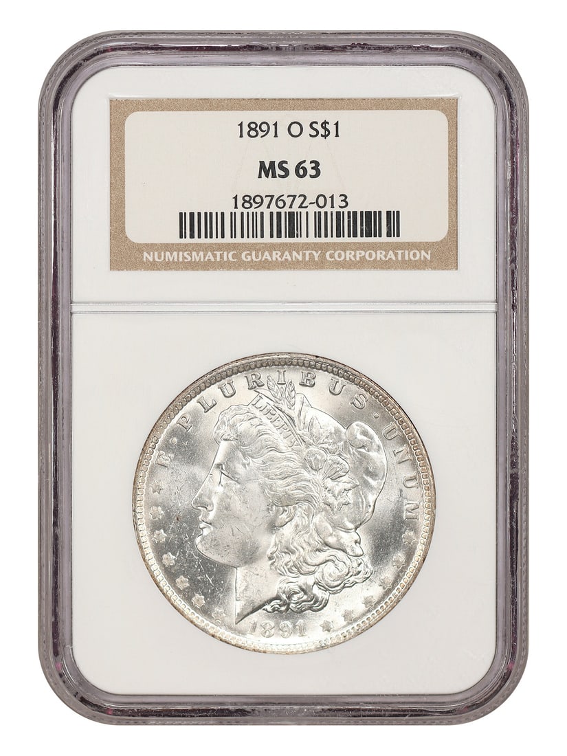 NGC MS63 1891-O Morgan Dollar $1 New Orleans Mint: NGC MS63 1891-O Morgan Dollar $1 New Orleans Mint 1891-O Morgan Dollar $1 graded MS63 by NGC. Minted in New Orleans, this uncirculated coin is identified as a desirable O-mint Morgan. Condition: pre-o