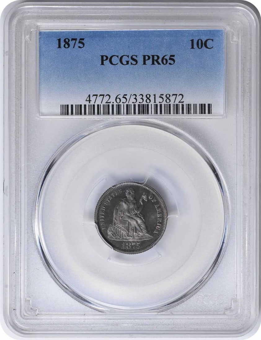 1875 Liberty Seated Silver Dime PR65 PCGS Proof 10C Rare Coin: 1875 Liberty Seated Silver Dime PR65 PCGS Proof 10C Rare Coin This 1875 Liberty Seated Silver Dime exhibits a stunning Proof finish and is graded PR65 by PCGS. Struck at the Philadelphia Mint, this co