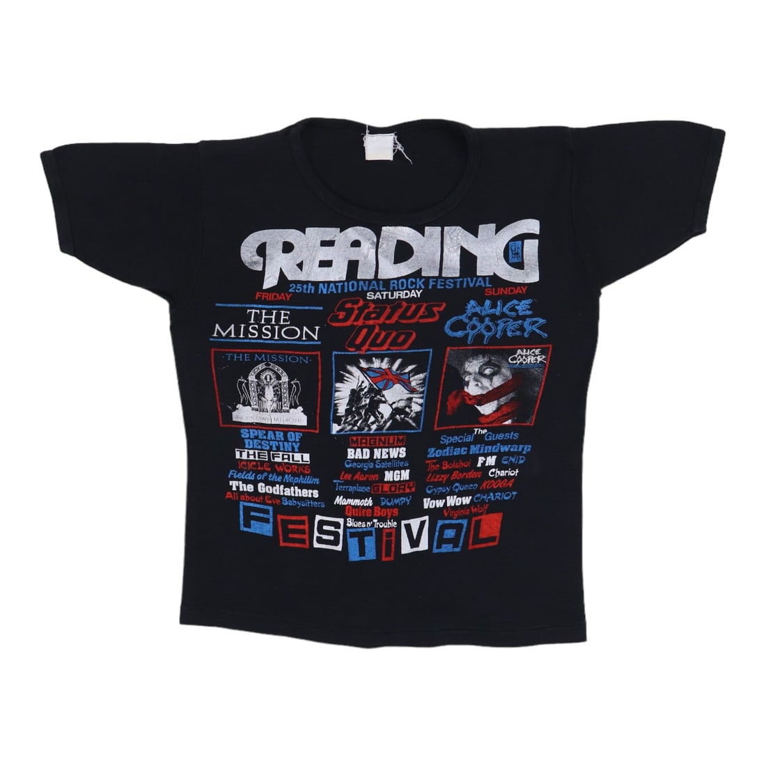 Vintage 1987 Reading Festival Black Cotton T Shirt with Front and Back Graphics: Vintage 1987 Reading Festival Black Cotton T Shirt with Front and Back Graphics This is an original vintage 1987 Reading Festival shirt, featuring both front and back graphics. Made from 100% cotton, 