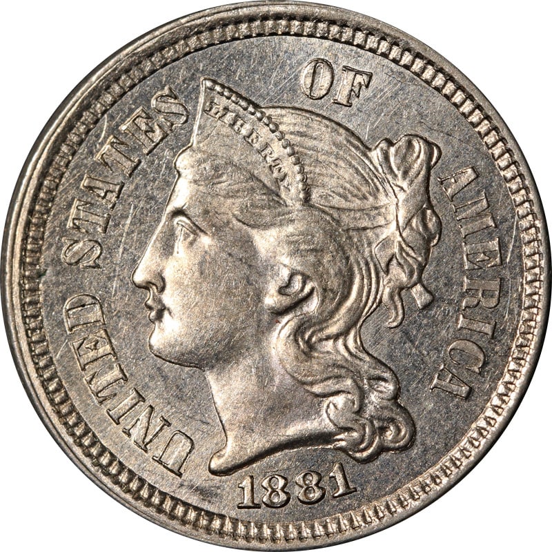 1881 United States Three Cent Nickel Coin Choice Example: 1881 United States Three Cent Nickel Coin Choice Example This is an 1881 Three Cent Nickel coin from the United States, featuring a nickel composition. The coin is circulated and is offered in pre-own