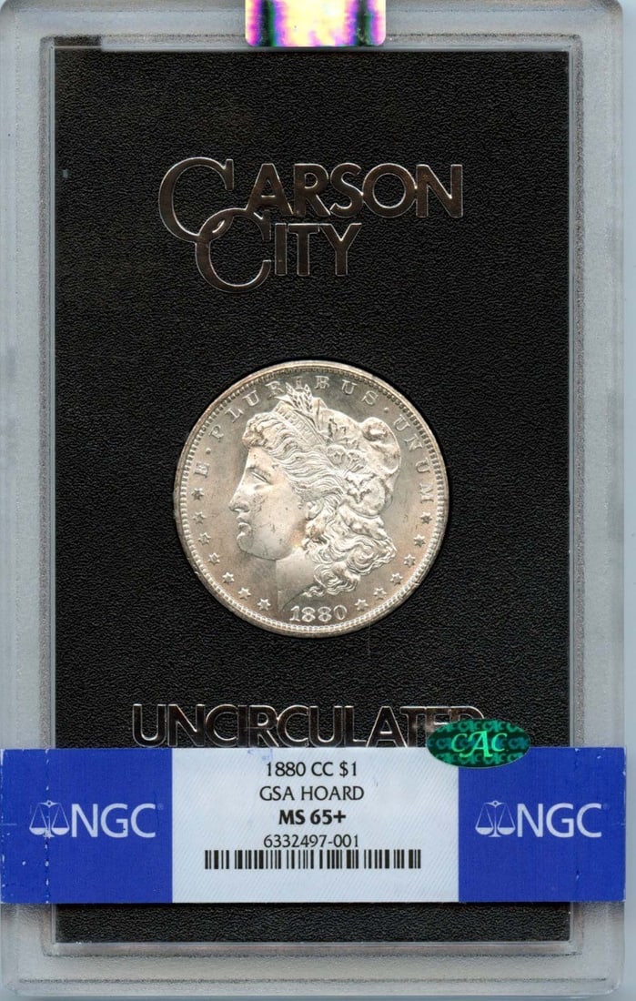 NGC MS65 Plus CAC 1880 Carson City Morgan Silver Dollar GSA Hoard: NGC MS65 Plus CAC 1880 Carson City Morgan Silver Dollar GSA Hoard This is an 1880-CC Morgan Dollar from the GSA Hoard, certified by NGC with a grade of MS65+ and CAC approval. Struck at the Carson Cit