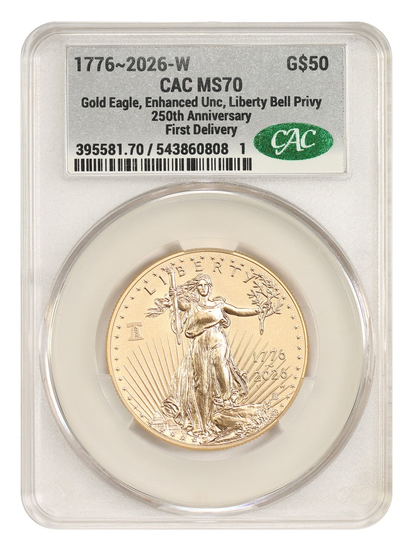 2026-W $50 Gold Eagle Enhanced UNC MS70 CACG First Delivery: 2026-W $50 Gold Eagle Enhanced UNC MS70 CACG First Delivery Pre-owned 1776~2026-W $50 Gold Eagle graded CACG MS70 with Enhanced finish and Liberty Bell 250 Privy. This uncirculated example carries the