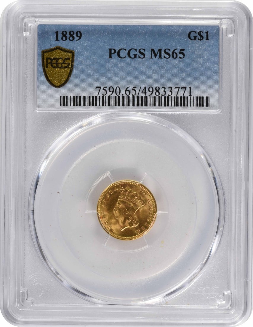 PCGS MS65 1889 United States $1 Gold Coin Type 3: PCGS MS65 1889 United States $1 Gold Coin Type 3 1889 $1 Gold Type 3 coin graded MS65 by PCGS. This uncirculated pre-1933 United States issue was minted in Philadelphia and designed by James Barton Lo