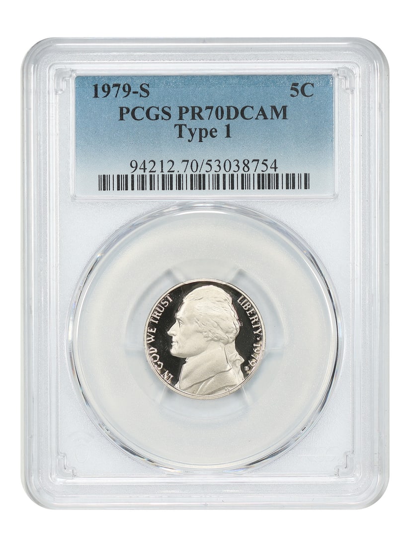 Jefferson Nickel 1979-S PCGS PR70DCAM Type 1 5C: Jefferson Nickel 1979-S PCGS PR70DCAM Type 1 5C A 1979 Jefferson Nickel graded PCGS PR70DCAM. The coin is designated Type 1, with a San Francisco mint origin and an uncirculated status. It is pre-owne