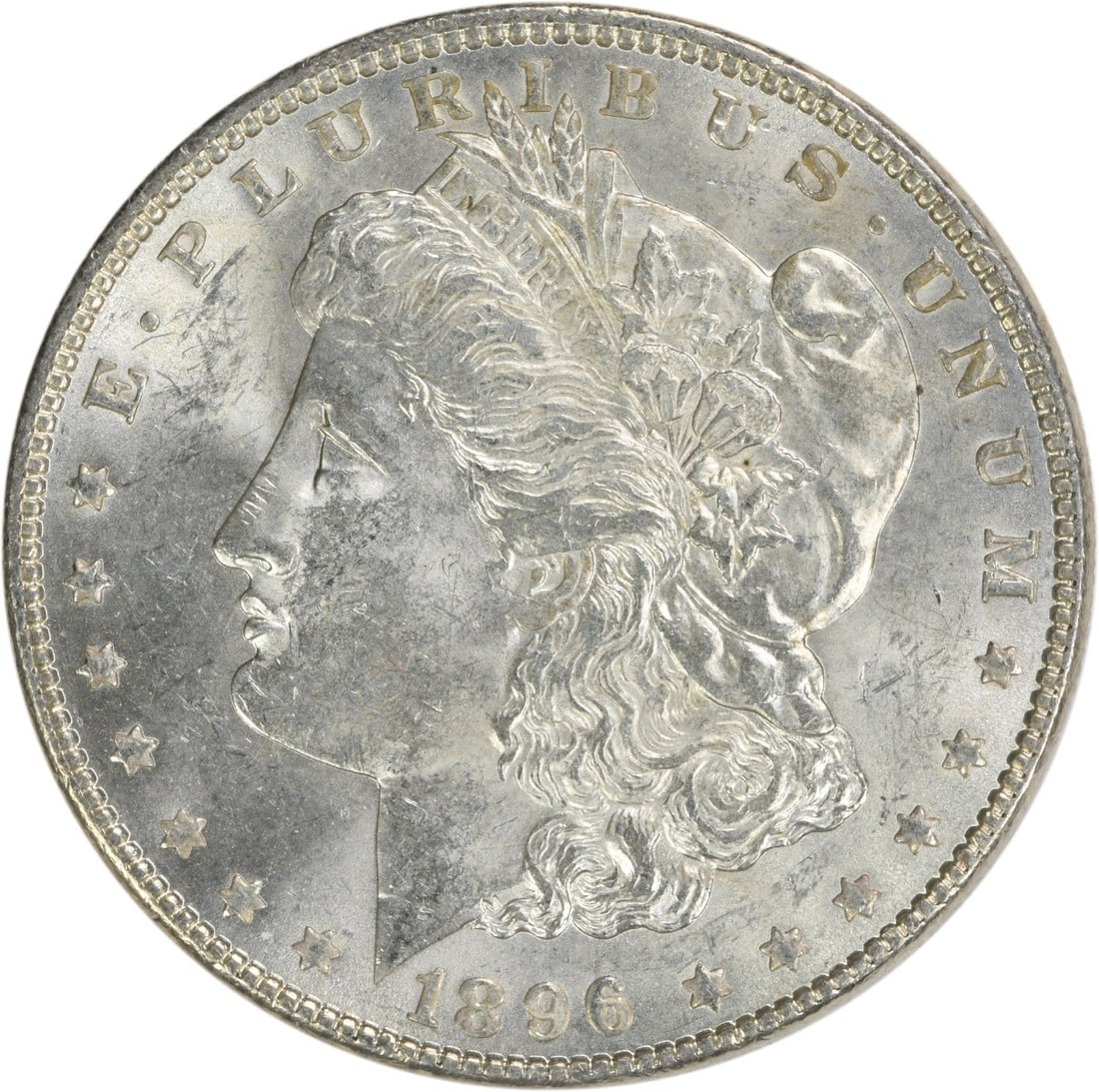 Brilliant Uncirculated 1896 Silver Dollar Morgan Uncertified No Mint Mark: Brilliant Uncirculated 1896 Silver Dollar Morgan Uncertified No Mint Mark This is an uncirculated 1896 Morgan Silver Dollar with brilliant uncirculated (BU) grade, featuring no mint mark. Composed of 