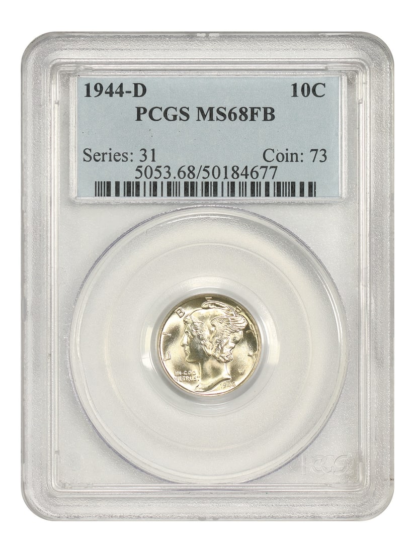 PCGS MS68FB 1944-D Mercury Dime 10C Uncirculated: PCGS MS68FB 1944-D Mercury Dime 10C Uncirculated 1944-D Mercury Dime graded PCGS MS68FB. The coin is an uncirculated Denver issue with golden toning and strong luster. PCGS reports just eleven finer, 