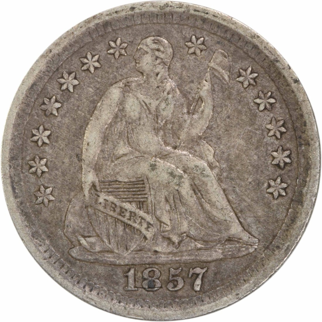 1857 Liberty Seated Half Dime Uncertified 90% Silver EF: 1857 Liberty Seated Half Dime Uncertified 90% Silver EF This 1857 Liberty Seated Silver Half Dime is a classic piece of American numismatics, showcasing intricate design and historical significance. S