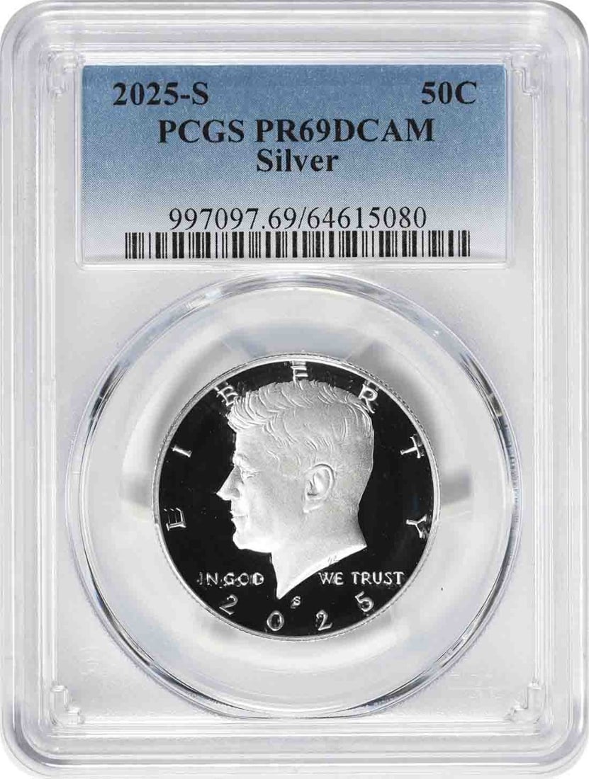 PCGS PR69DCAM 2025-S Kennedy Silver Half Dollar: PCGS PR69DCAM 2025-S Kennedy Silver Half Dollar This 2025-S Kennedy Silver Half Dollar is a proof coin graded PR69DCAM by PCGS. Struck in silver, it is uncirculated and features the iconic Kennedy des