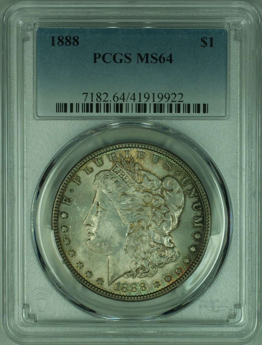 PCGS MS64 1888 Morgan Dollar Silver: PCGS MS64 1888 Morgan Dollar Silver This 1888 Morgan Silver Dollar features a PCGS MS-64 grade and displays attractive toning. Struck in Philadelphia, this uncirculated coin is composed of 90% silver,