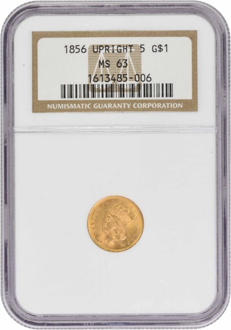 1856 United States Gold Dollar Type 3 Upright 5 NGC MS63: 1856 United States Gold Dollar Type 3 Upright 5 NGC MS63 1856 $1 Gold Type 3 Upright 5 coin graded MS63 by NGC. This pre-1933 United States gold dollar was struck in Philadelphia and features the Type