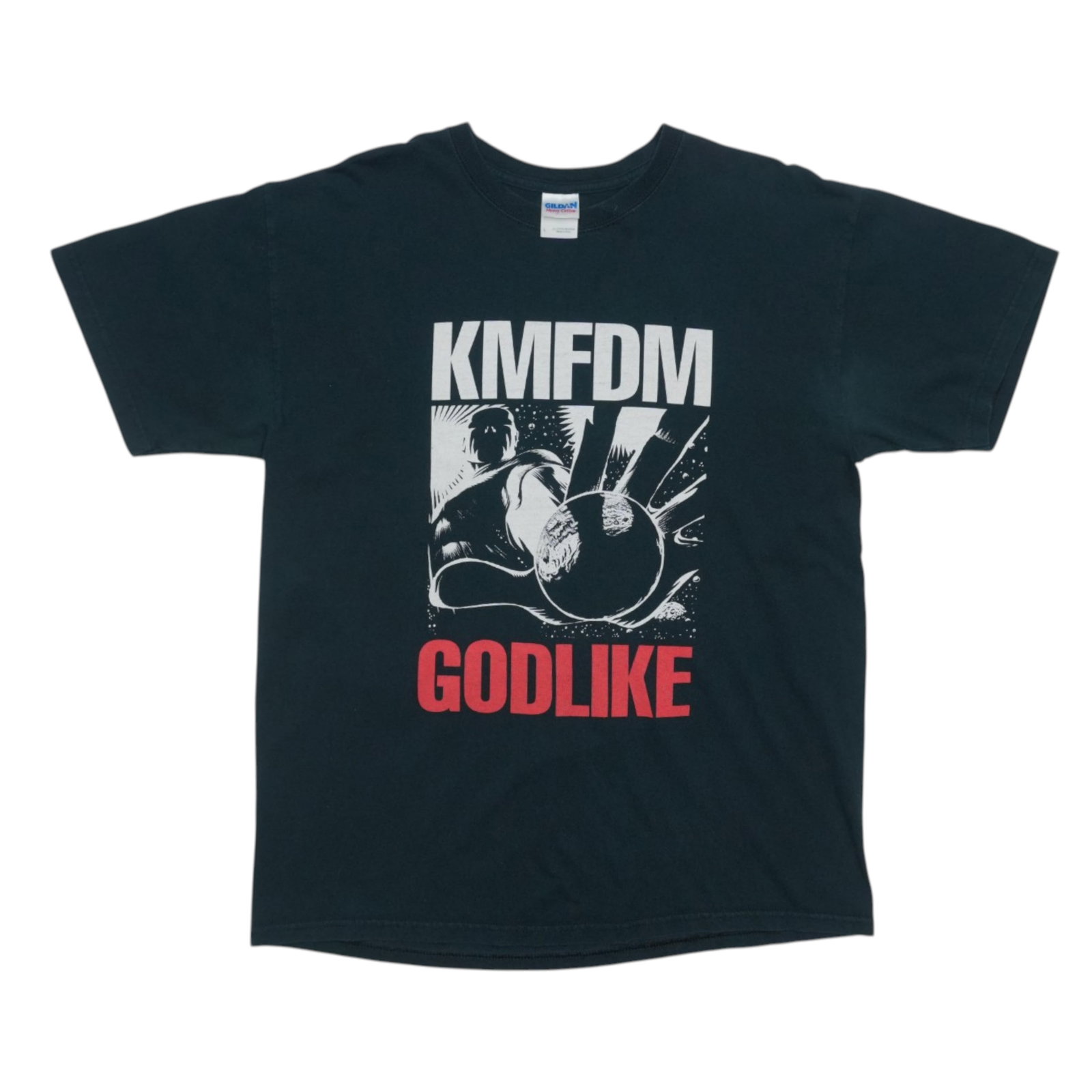 Vintage 2000s KMFDM Godlike Black Cotton Band T-Shirt Size Large: Vintage 2000s KMFDM Godlike Black Cotton Band T-Shirt Size Large This is an original vintage KMFDM Godlike shirt from the 2000s, featuring both front and back graphics. Made from 100% cotton, the shir