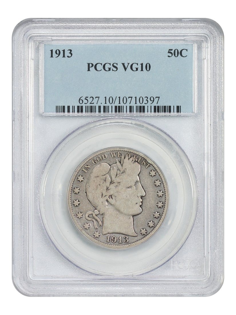 PCGS VG10 1913 Barber Half Dollar 50C Philadelphia: PCGS VG10 1913 Barber Half Dollar 50C Philadelphia 1913 Barber Half Dollar certified by PCGS in VG10 circulated condition. This scarce date issue has a low mintage of just 188,000 coins struck. Specif