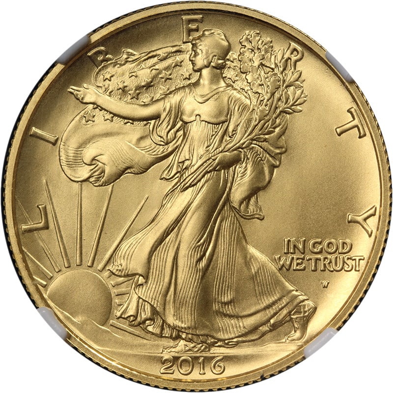 NGC SP70 2016-W Gold Walking Liberty Half Dollar 1/2 Ounce: NGC SP70 2016-W Gold Walking Liberty Half Dollar 1/2 Ounce Original 2016-W Gold Centennial Walking Liberty Half Dollar graded NGC SP70. This uncirculated 1/2 ounce gold coin offers strong strike, fant